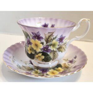 Royal Albert Bone China Tea Cup & Saucer Purple & Yellow Floral Design Gold Trim